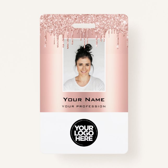 Custom Employee Glitter Drips Rose Gold Name ID Badge (Front)