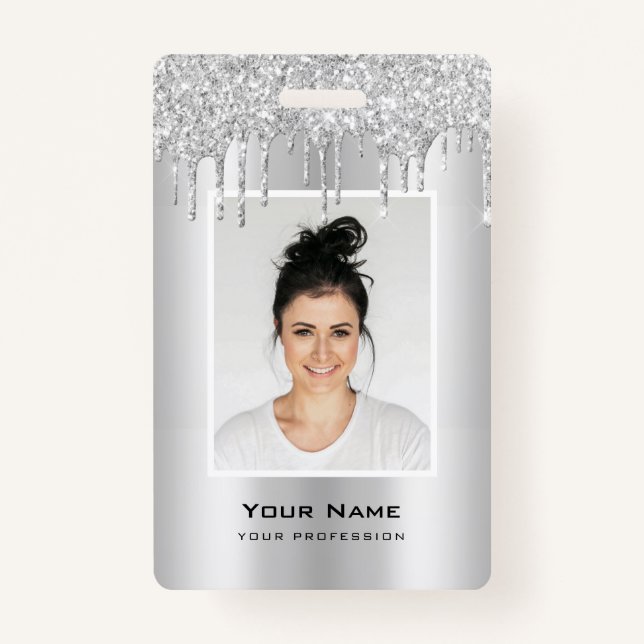 Custom Employee Glitter Drips Silver Grey Name ID Badge (Front)