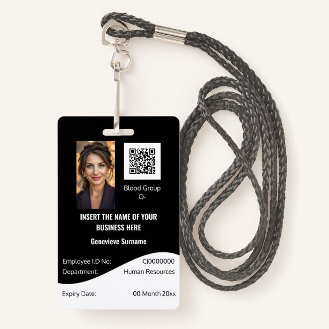 CUSTOM employee ID card editable black white ID Badge (Front with Lanyard)