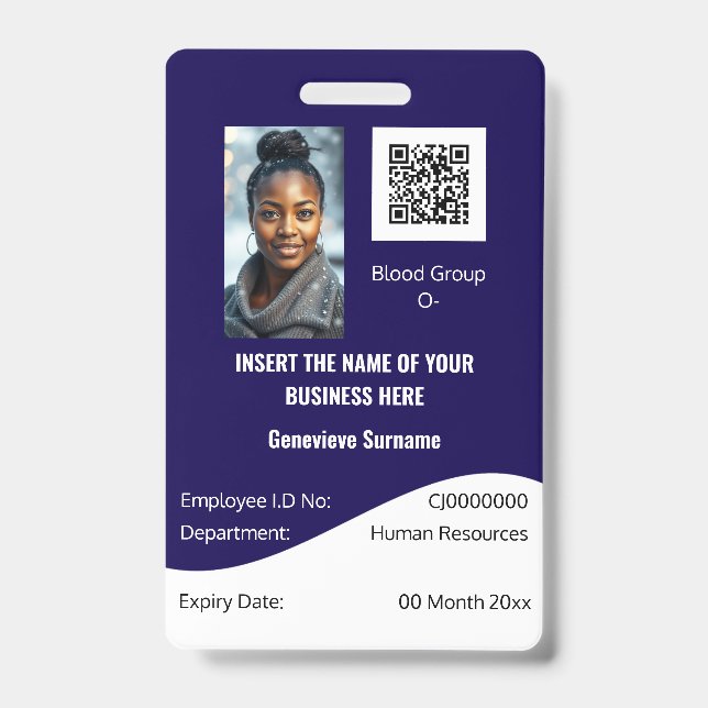 CUSTOM employee ID card editable navy blue white Badge (Front)