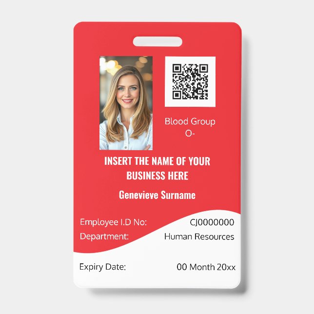 CUSTOM employee ID card editable red white Badge (Front)