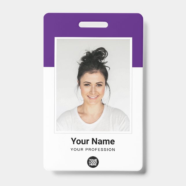 Custom Employee Large Photo Purple Logo Name ID Badge (Front)