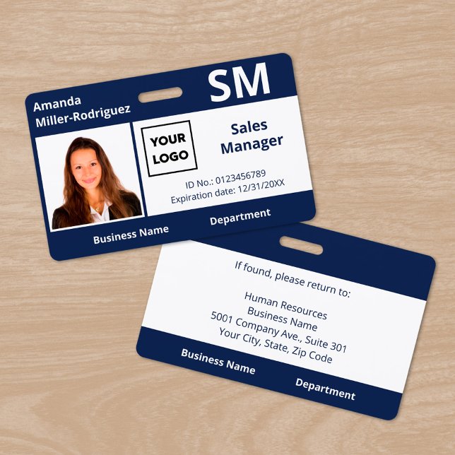 Custom Employee Logo Navy Blue Photo ID ID Badge (Custom Employee Logo Navy Blue Photo ID Badge, front/back)
