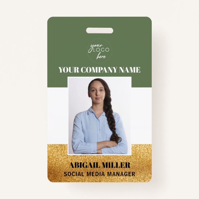 Custom Employee Name Logo Photo green ID Badge (Front)