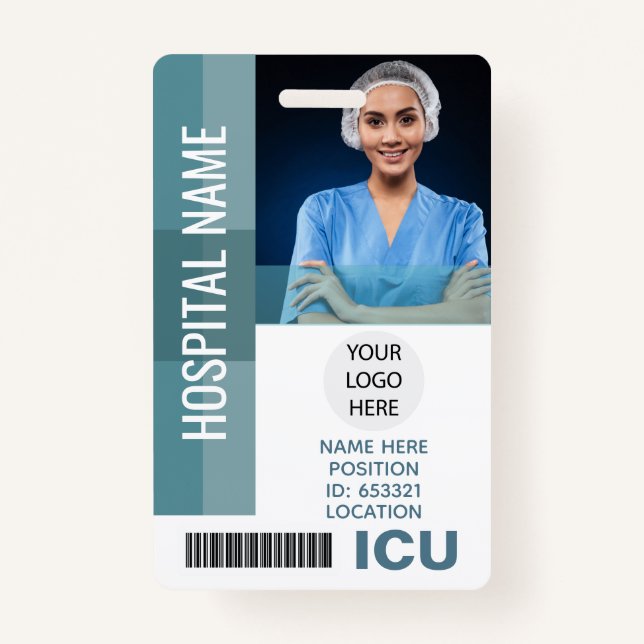 Custom Employee Photo, Bar Code, Logo ICU ID ID Badge (Front)