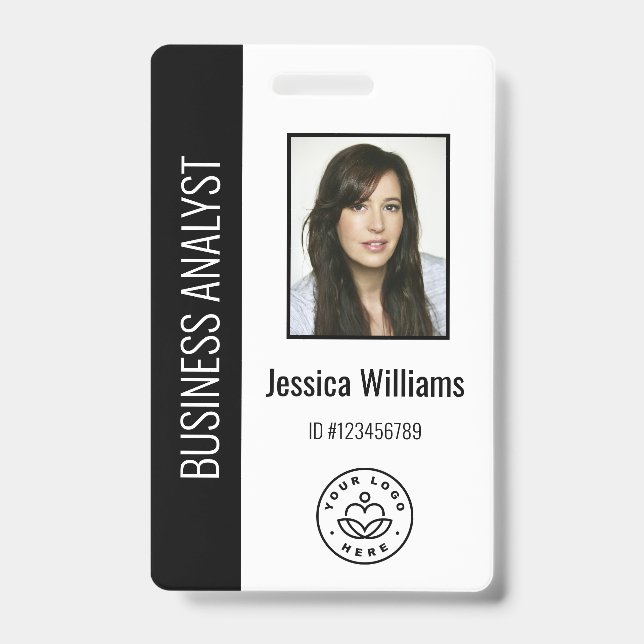 Custom Employee Photo, Bar Code, Logo, Name Black ID Badge (Front)