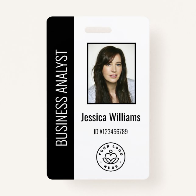 Custom Employee Photo, Bar Code, Logo, Name Black ID Badge (Front)