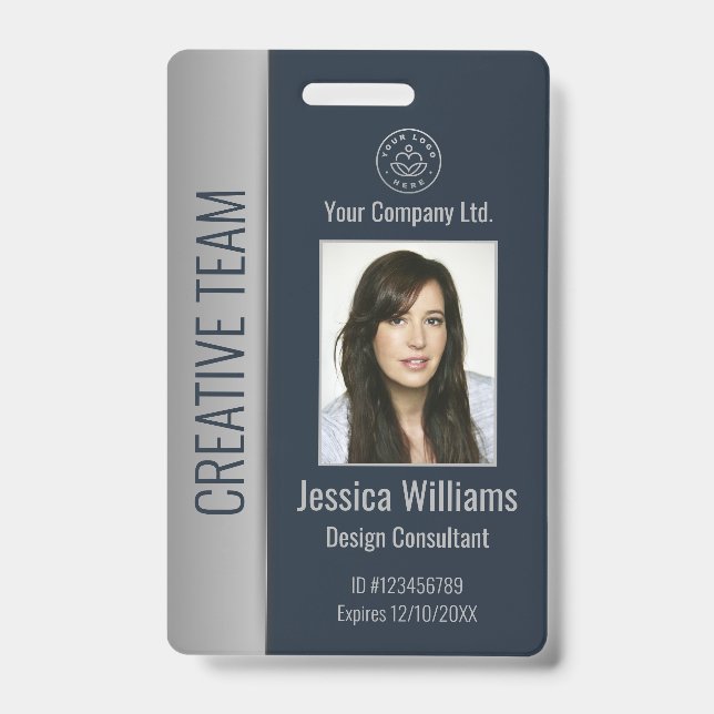 Custom Employee Photo Bar Code Logo Name Blue ID Badge (Front)
