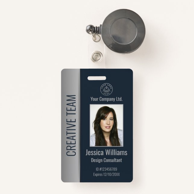 Custom Employee Photo Bar Code Logo Name Blue ID Badge (Front with Retractable)