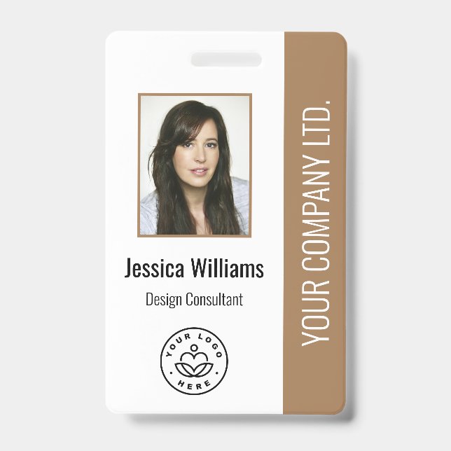 Custom Employee Photo, Bar Code, Logo, Name Brown ID Badge (Front)