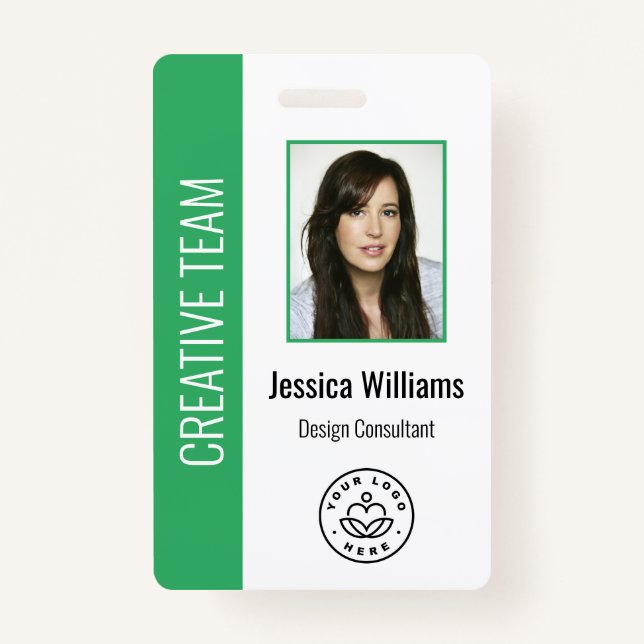 Custom Employee Photo, Bar Code, Logo, Name Green ID Badge (Front)