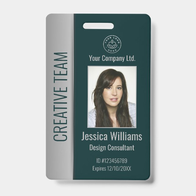 Custom Employee Photo Bar Code Logo Name Green ID Badge (Front)