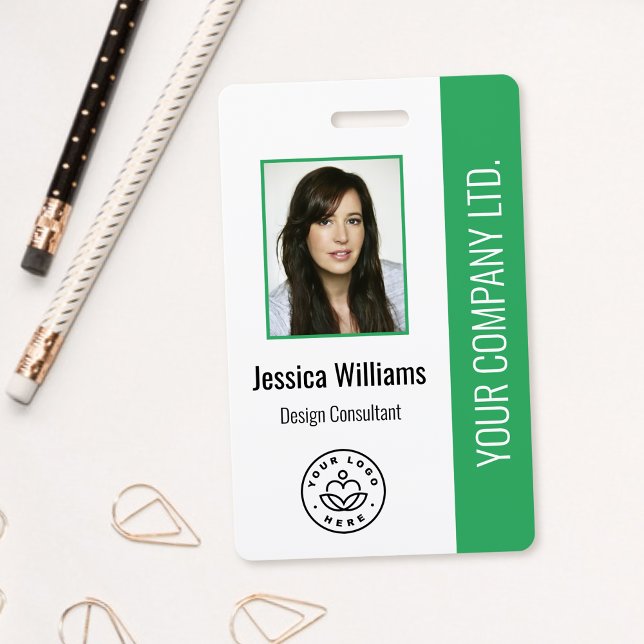 Custom Employee Photo, Bar Code, Logo, Name Green ID Badge (Creator Uploaded)