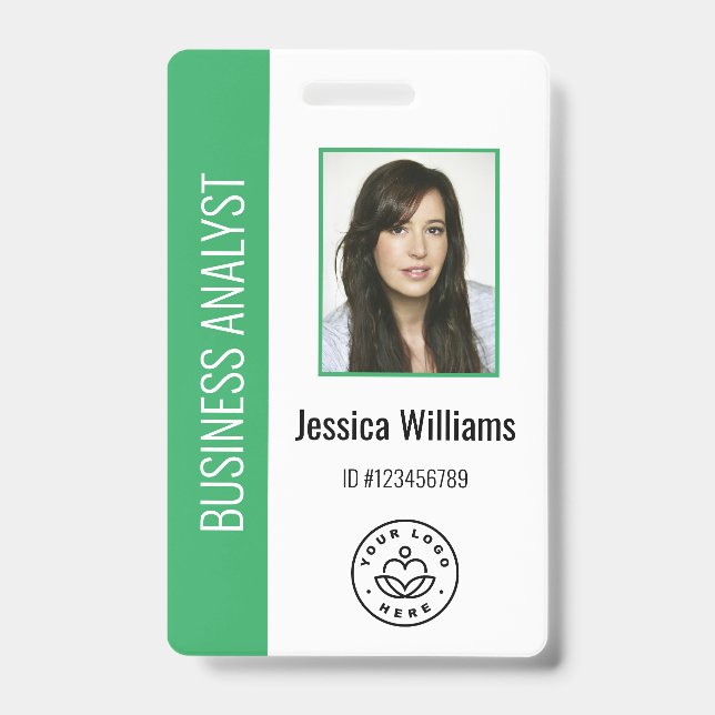 Custom Employee Photo, Bar Code, Logo, Name Green ID Badge (Front)
