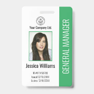 Custom Employee Photo, Bar Code, Logo, Name Green  ID Badge