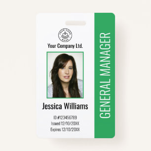 Custom Employee Photo, Bar Code, Logo, Name Green  ID Badge