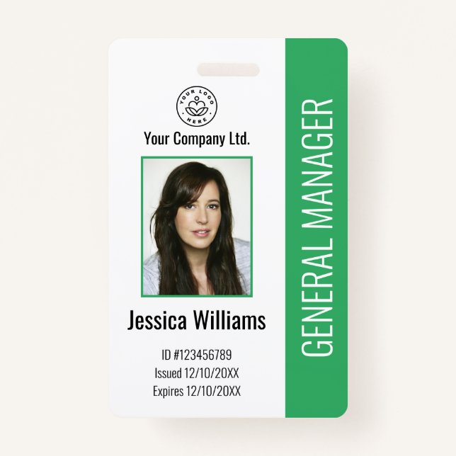 Custom Employee Photo, Bar Code, Logo, Name Green  ID Badge (Front)