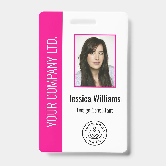 Custom Employee Photo Bar Code Logo Name Hot Pink ID Badge (Front)