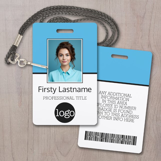 Custom Employee - Photo, Bar Code, Logo, Name ID Badge (Employee ID Badge with Custom Logo, Photo and Scan Bar Code - Aqua Blue Accents)