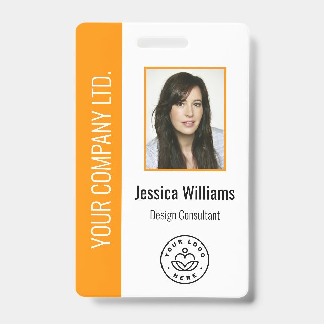 Custom Employee Photo, Bar Code, Logo, Name Orange ID Badge (Front)