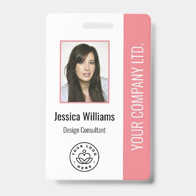 Custom Employee Photo, Bar Code, Logo, Name Pink ID Badge (Front)