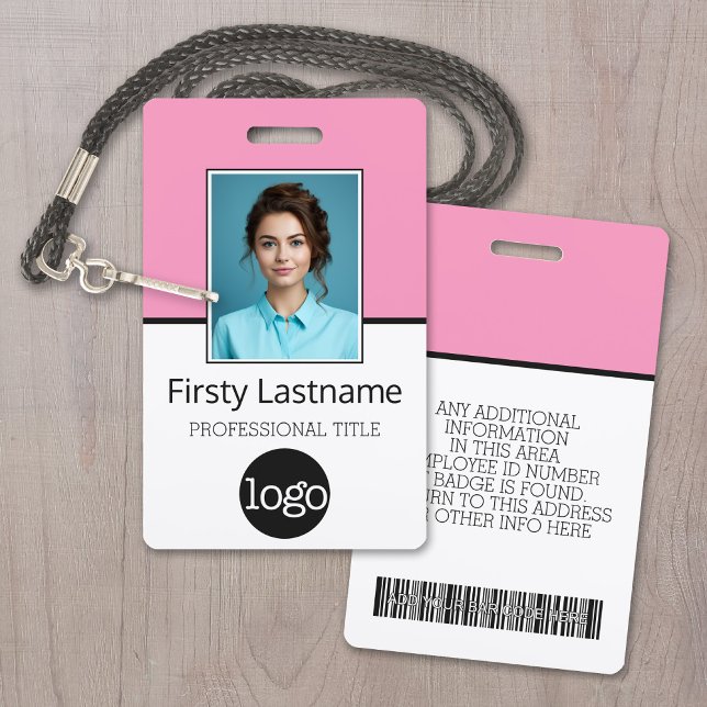 Custom Employee - Photo, Bar Code, Logo, Name Pink ID Badge (Custom Employee ID Badge with Photo, Logo and Scan Code)