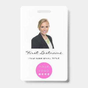 Custom Employee  Photo Bar Code Logo Name Pink ID Badge