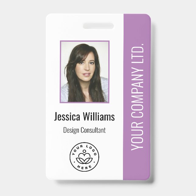 Custom Employee Photo, Bar Code, Logo, Name Purple ID Badge (Front)