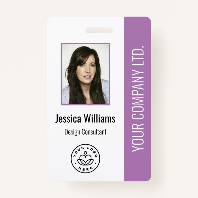 Custom Employee Photo, Bar Code, Logo, Name Purple ID Badge (Front)