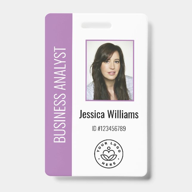 Custom Employee Photo, Bar Code, Logo, Name Purple ID Badge (Front)