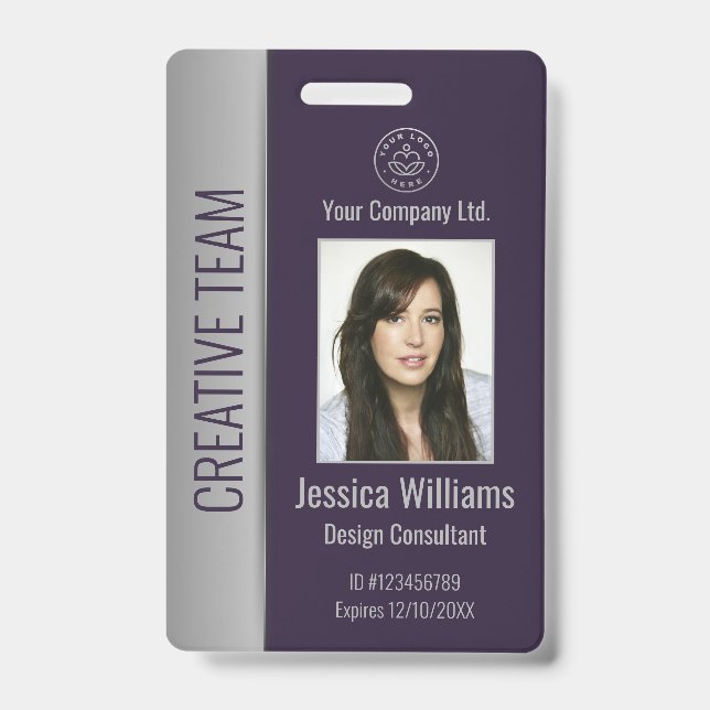 Custom Employee Photo Bar Code Logo Name Purple ID Badge (Front)