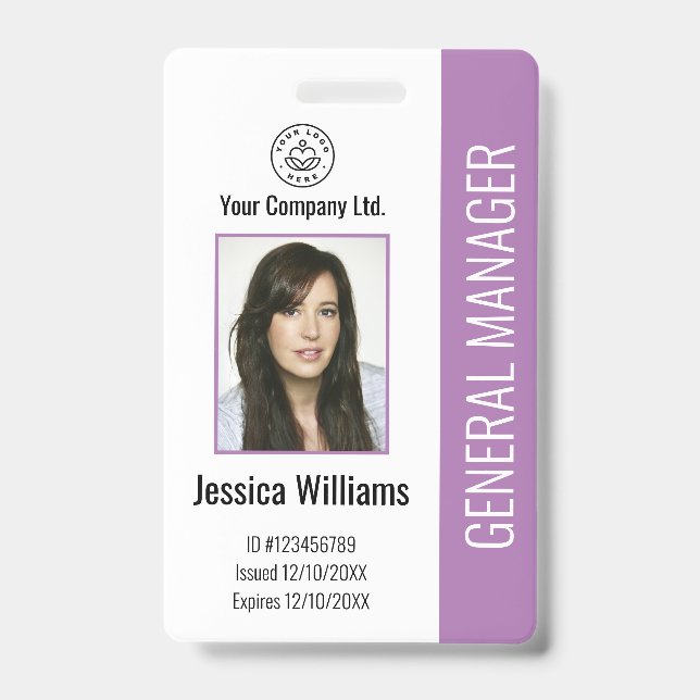 Custom Employee Photo, Bar Code, Logo, Name Purple ID Badge (Front)