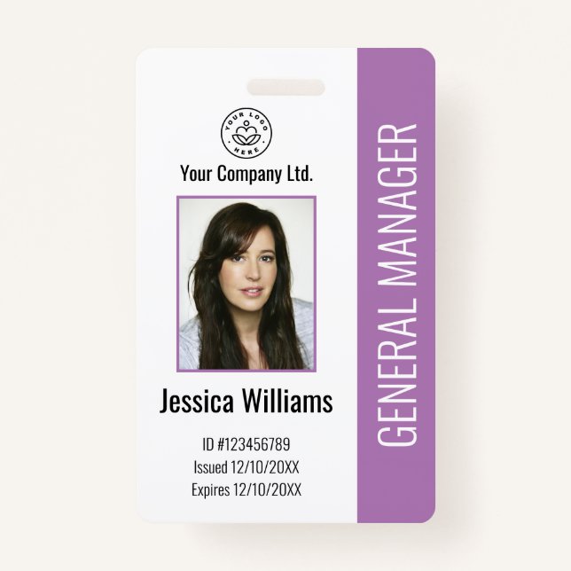Custom Employee Photo, Bar Code, Logo, Name Purple ID Badge (Front)