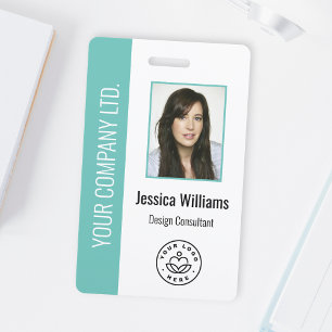 Custom Employee Photo, Bar Code, Logo, Name Teal ID Badge