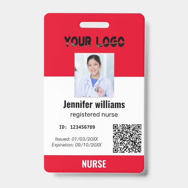 Custom Employee Photo, Bar Code, Logo, red name  ID Badge (Front)
