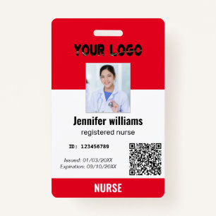 Custom Employee Photo, Bar Code, Logo, red name  ID Badge