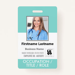 Custom Employee Photo, Barcode Logo Aqua Blue Name ID Badge