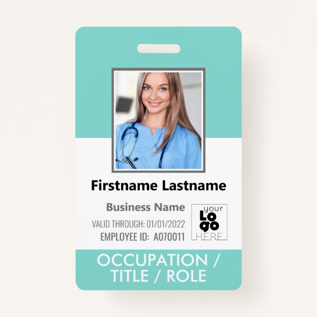Custom Employee Photo, Barcode Logo Aqua Blue Name ID Badge (Front)