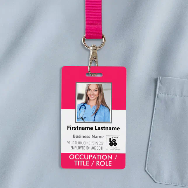 Custom Employee Photo, Barcode, Logo Hot Pink Name ID Badge | Zazzle