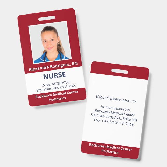 Custom Employee Photo Dark Red Medical ID Badge (Front & Back)