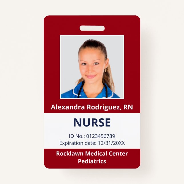 Custom Employee Photo Dark Red Medical ID ID Badge (Front)