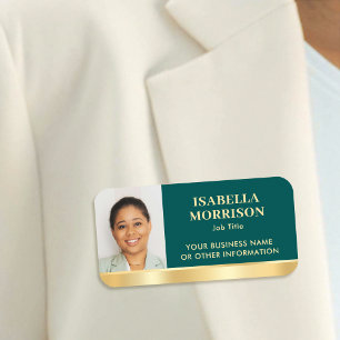 Custom Employee Photo Green Gold Magnetic or Pin Name Tag