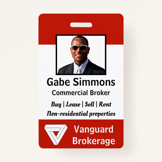 Custom Employee Photo ID - Red, Vertical ID Badge (Front)
