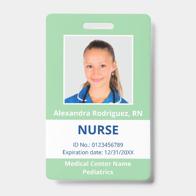Custom Employee Photo Light Green White Medical ID Badge (Front)