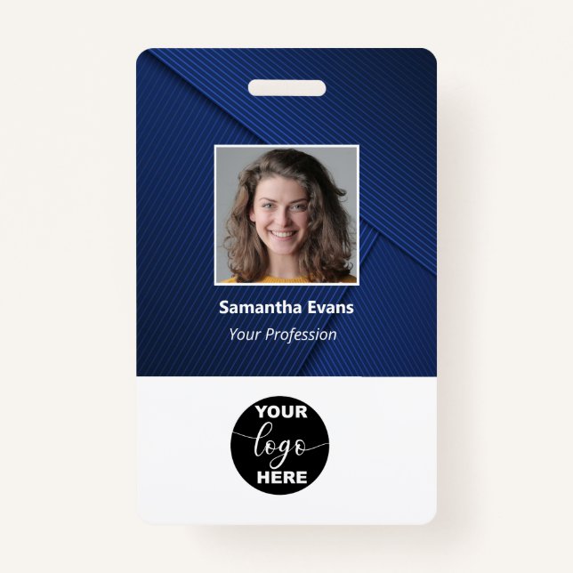Custom Employee Photo Logo Bar Code Name ID Blue ID Badge (Front)