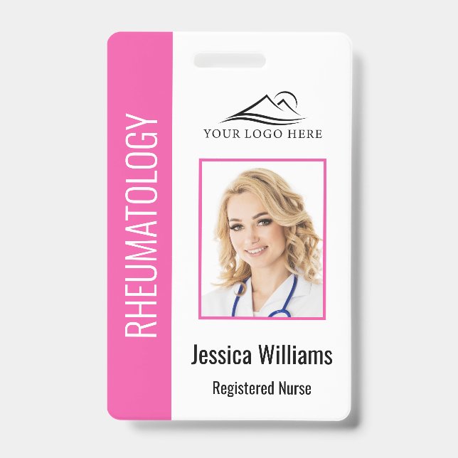 Custom Employee Photo Logo Bar Code Name Pink ID Badge (Front)