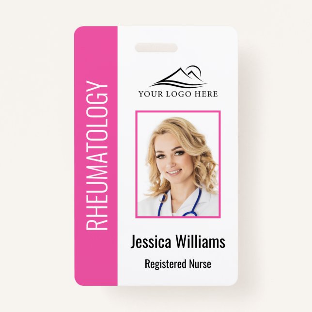 Custom Employee Photo Logo Bar Code Name Pink ID Badge (Front)