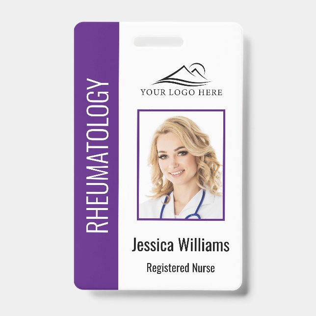 Custom Employee Photo Logo Bar Code Name Purple ID Badge (Front)