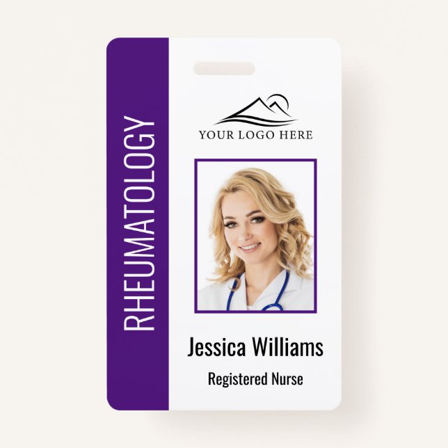 Custom Employee Photo Logo Bar Code Name Purple ID Badge (Front)