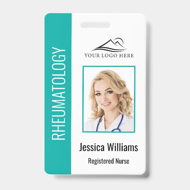 Custom Employee Photo Logo Bar Code Name Teal ID Badge (Front)